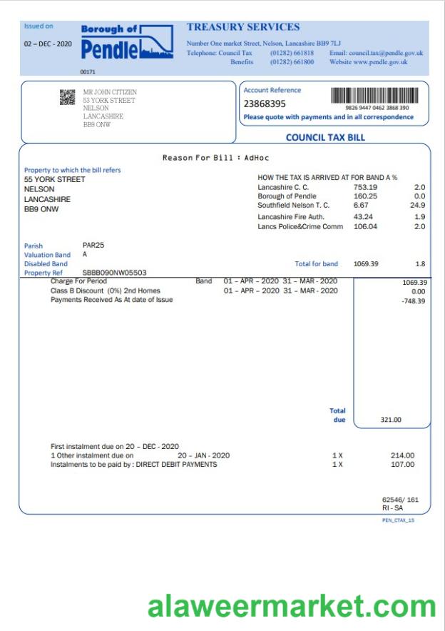 United Kingdom Borough of Pendle council tax bill template in Word and PDF format
